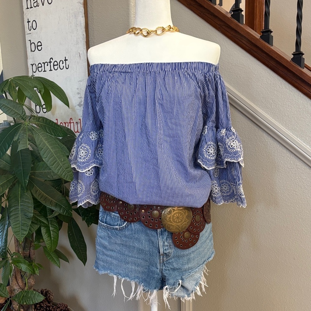 Boho / Western Blue White Strip Off-Shoulder Top with White Embroidered Details